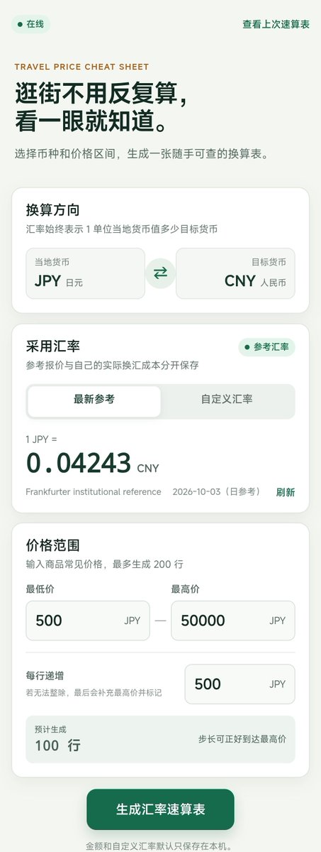 codemon7363's tweet photo. vibe了一个小程序

旅汇速查--汇率速算表生成器

1. 自动获取汇率，生成汇率速算表
2. 可自定义速算表范围和步长
3. 支持自定义汇率
4. 自动换存上一次生成的速算表
5. 支持生成长图，保存或分享

这样大家购物的时候就不用一个个输入价格进行换算了 https://t.co/ByopSWYpqo