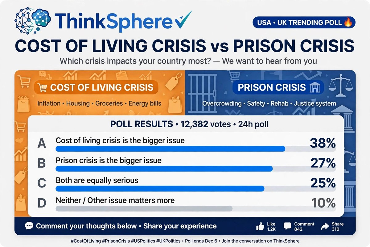 thinkspherehq's tweet photo. COST OF LIVING CRISIS vs PRISON CRISIS — Which is HITTING HARDER in 2026? 🇺🇸🇬🇧🔥

We are tracking the #1 USA + UK trending topics and this debate is EXPLODING.

USA: Groceries, rent, energy bills — families say they can't afford basics.
UK: Prisons at 143% capacity, 700 released early, system under pressure.

Which crisis impacts YOUR country most?

POLL RESULTS - 12,382 votes - 24h poll
A) Cost of living is bigger - 38%
B) Prison crisis is bigger - 27%
C) Both equally serious - 25%
D) Other issue matters more - 10%

This is ThinkSphere — THINK. VOTE. DEBATE.

Comment A, B, C, or D and tell us WHY. Your story matters 👇
Share your experience — Are you feeling the cost of living pinch? Or worried about safety?

#CostOfLiving #PrisonCrisis #USPolitics #UKPolitics #USAUKTrending #ThinkSphere #Poll #Debate #Breaking #CostOfLivingCris
