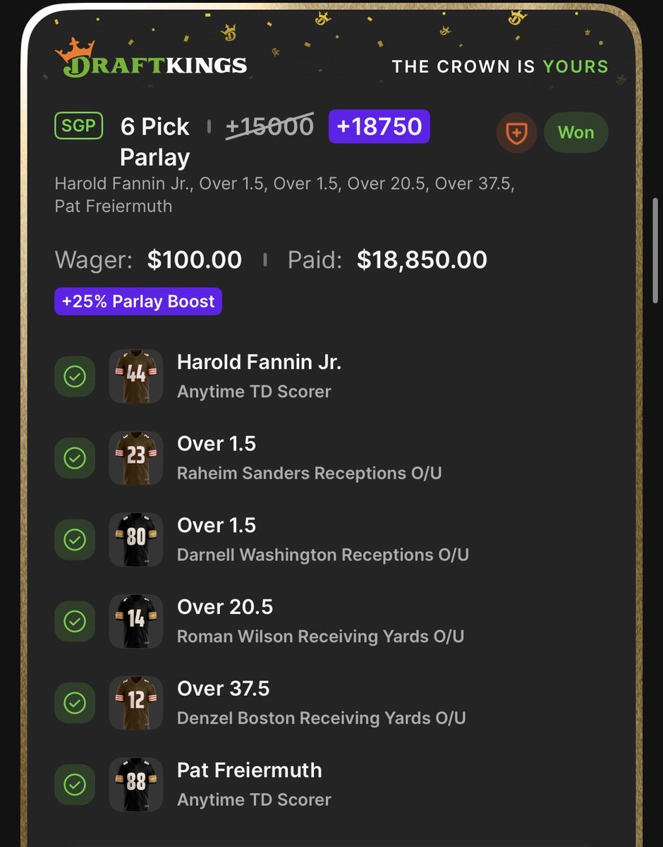 BrokeBoyPicks's tweet photo. YOU’RE GONNA WANT TO FOLLOW BEFORE SUNDAY 🏈 💰

$100 → $18,850. ✅ +18750 BOOSTED PARLAY CASHED.

Sunday NFL picks dropping before kickoff. 🏈

LIKE + FOLLOW + turn notifications on so you don’t miss Sunday’s card. 👀

#NFLPicks #NFLBets #Draftkings https://t.co/SuDri1zEcr