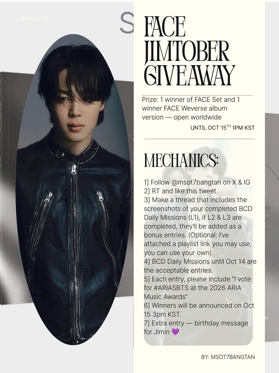 msot7bangtan's tweet photo. ✨ JIMTOBER GIVEAWAY - WW (except US)✨

— open to all my followers.
— RT and like this tweet. 
— mechanics &amp; prizes attached (please read carefully); use #ARIASBTS on each entry. 
— (Optional) Playlist link: https://t.co/Wl4ubrvmEx https://t.co/RwgJvKN5ao
