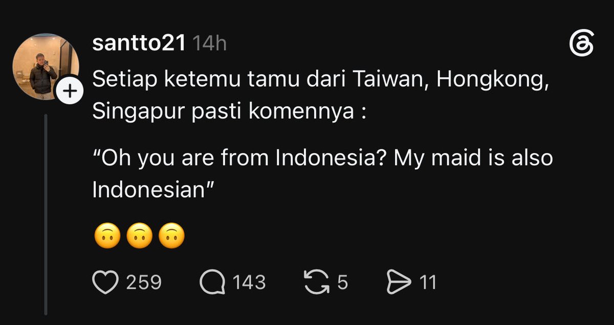 Applyajadulu's tweet photo. Gampang.
Jawab aja, 
“oh you’re from Hongkong? My assistant I laidoff last week also from Hongkong, his mouth smells soo bad, I can’t stand. So, I let him go”
🤷‍♀️ https://t.co/97InDX0KUS