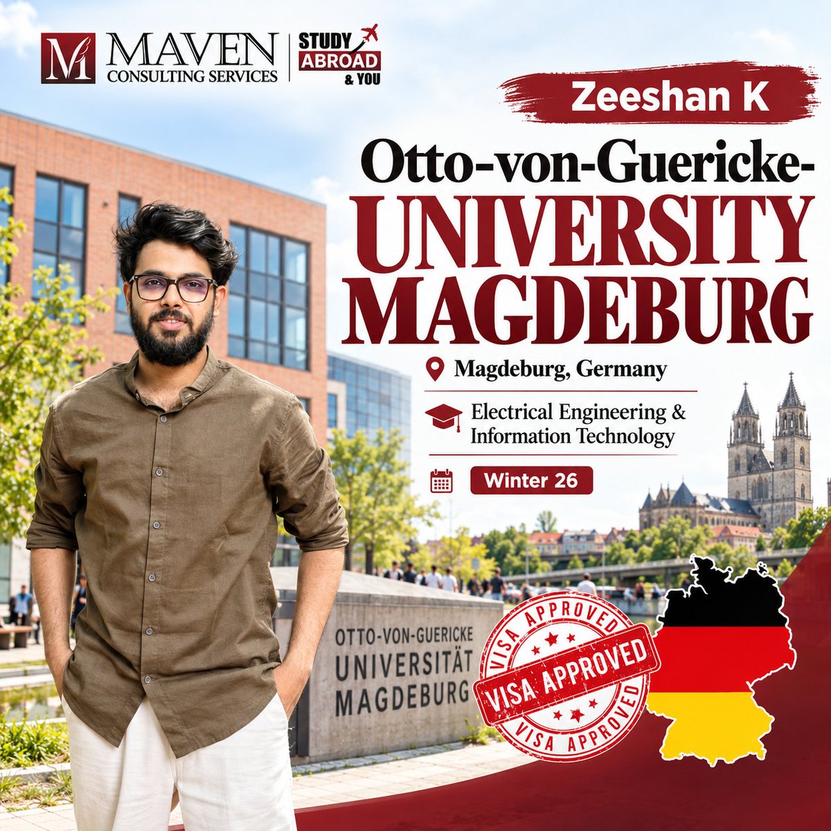 MavenContact's tweet photo. Congratulations to Zeeshan on his Germany student visa approval! He’s headed to Otto von Guericke University Magdeburg for Electrical Engineering & IT for Winter 2026. Wishing him success ahead.
#VisaApproved #StudyInGermany #OVGU #MavenConsulting https://t.co/Ke0VP8THyP