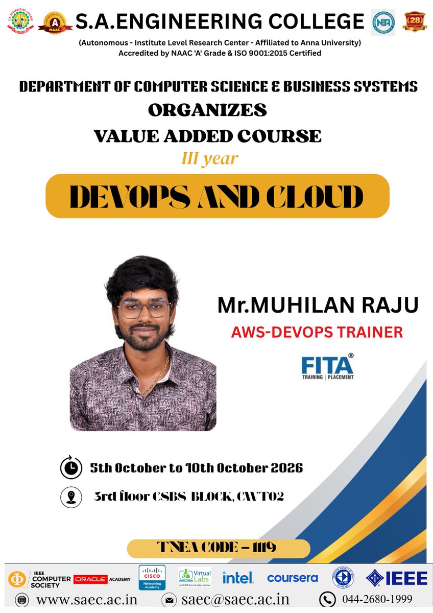 dev_saec's tweet photo. We are pleased to inform you that the Department of Computer Science and Business Systems is organizing a Value Added Course for III Year CSBS Students on: “DEVOPS AND CLOUD”
#SAEC #CSBS #VAC #futureready https://t.co/vqp31RQPEq