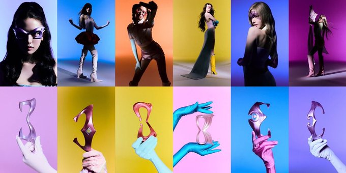 A grid of colorful pop-art style images showing a woman and floating objects in various colored backgrounds including pink, yellow, and blue.