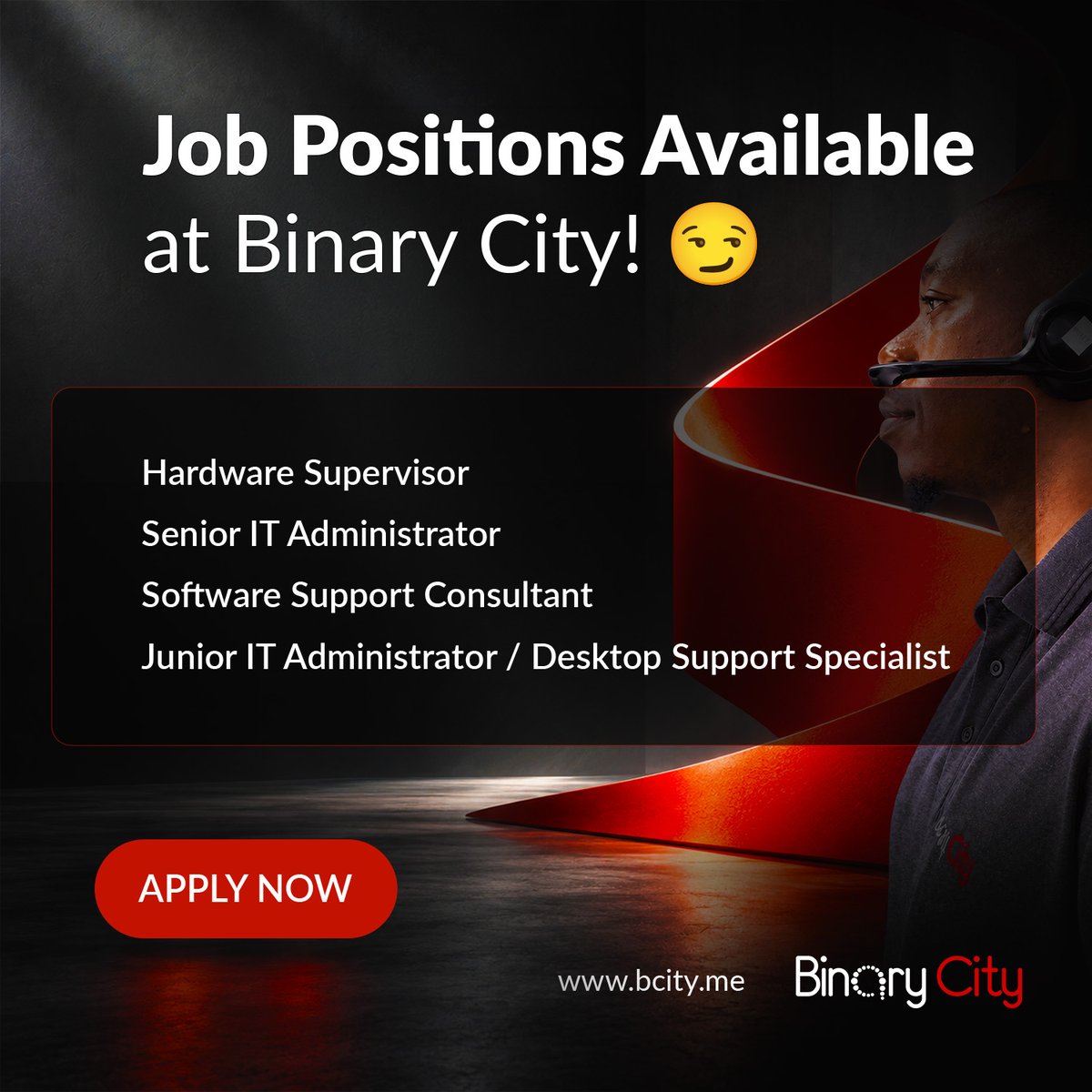 binary_city's tweet photo. This is your moment—We're hiring! 😏

We have positions across hardware, IT administration and software support at Binary City. Find the role that fits your skills and apply today.

https://t.co/Vi4Ekis6ls

#BinaryCity #WeAreHiring #ITJobs #TechCareers #NamibiaJobs #Windhoek https://t.co/VNou7yqJHD