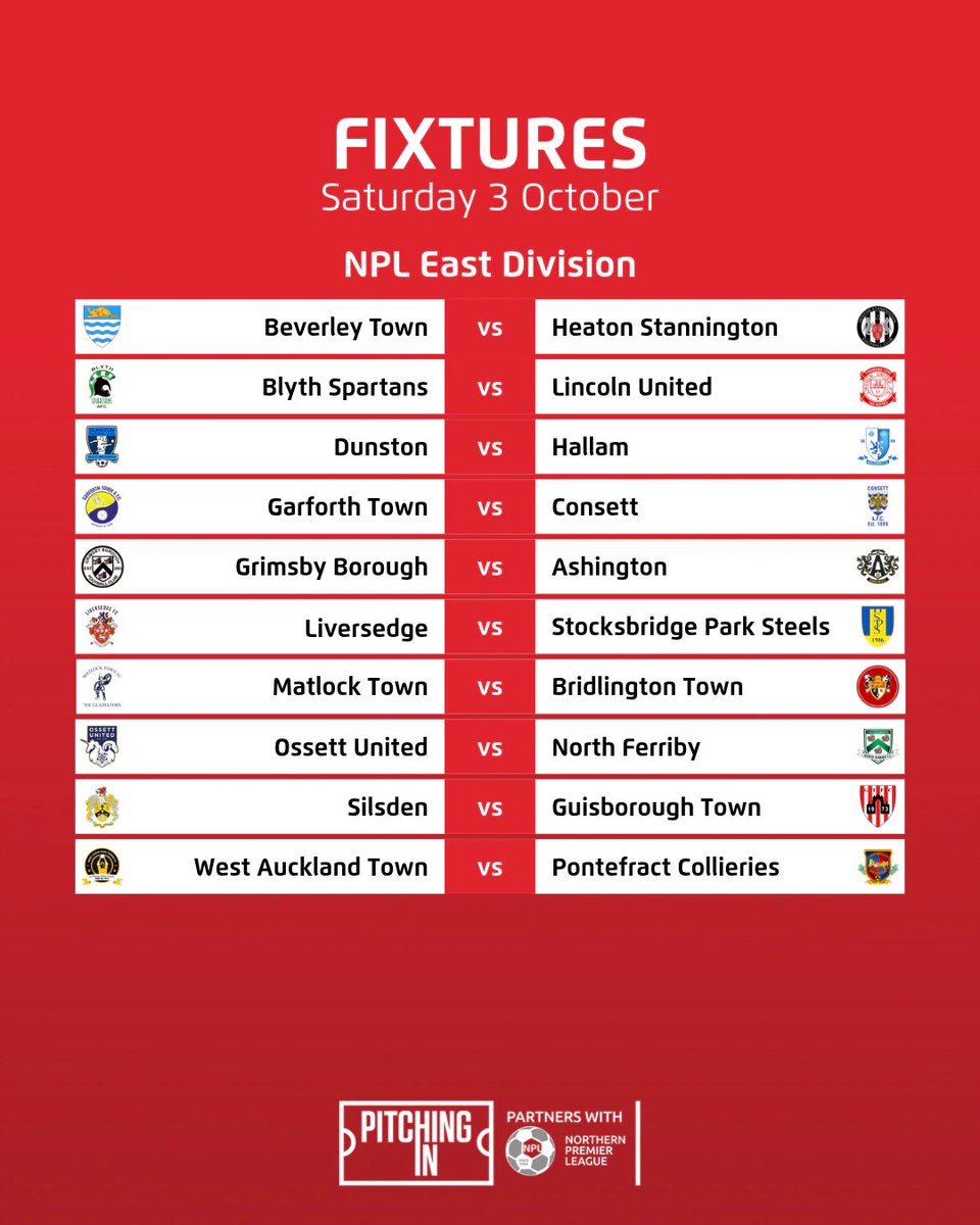 NorthernPremLge's tweet photo. Fixtures | Saturday 3 October 📋

Another busy Saturday across the NPL 📍 https://t.co/ue0sYFtrVT