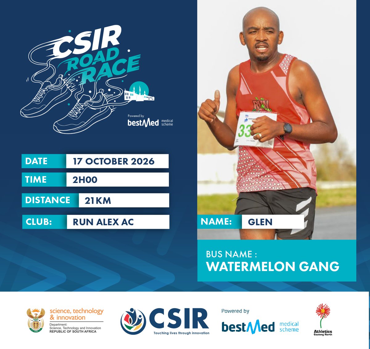 CSIR's tweet photo. Meet a #CSIRRace2026 pacer, Glen, from the Watermelon Gang Run Alex AC. 
“You will never know your limits until you push yourself to them."

Join us at the EPIC #TeamCSIR Road Race, powered by @BestmedScheme.
 
📆 Saturday, 17 October 2026
⏰ Start time: 06:00
📍 CSIR Main Campus, Meiring Naude Road, Brummeria, Pretoria
🏃‍♂️‍➡️ Run and Walk: 21.1 km, 10 km and 5 km
 
Visit https://t.co/fiSxU6YfAF for more info and https://t.co/2v95KgdOP5 to register.
Conquer the trail, own the hills. See you there!
 
#Race #Runner #runnerslife #Pretoria #PretoriaEvents
@dstigovza