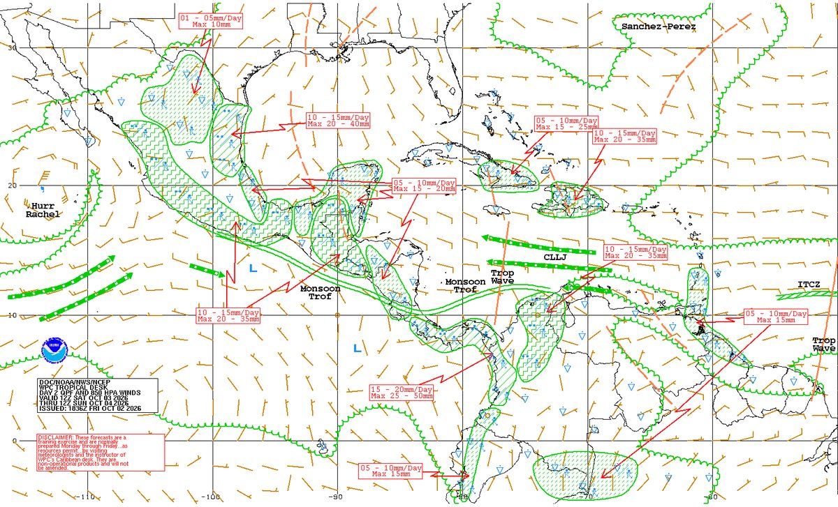 EstebanWXcast's tweet photo. Venezuela, 03OCT26. Influencia de VM-EPAC en occidente, régimen local de vientos, reforzado por CLLJ y orografía causarán aguaceros y tormentas. Propagación de bolsa de aire seco y convergencia y subsidencia en niveles medios a altos en el resto del país, limitarán la convección. https://t.co/f4Z1QK2QiJ