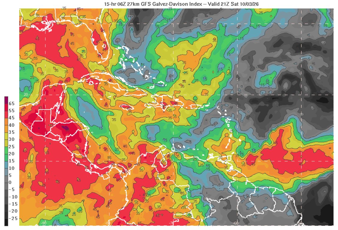 EstebanWXcast's tweet photo. Venezuela, 03OCT26. Influencia de VM-EPAC en occidente, régimen local de vientos, reforzado por CLLJ y orografía causarán aguaceros y tormentas. Propagación de bolsa de aire seco y convergencia y subsidencia en niveles medios a altos en el resto del país, limitarán la convección. https://t.co/f4Z1QK2QiJ