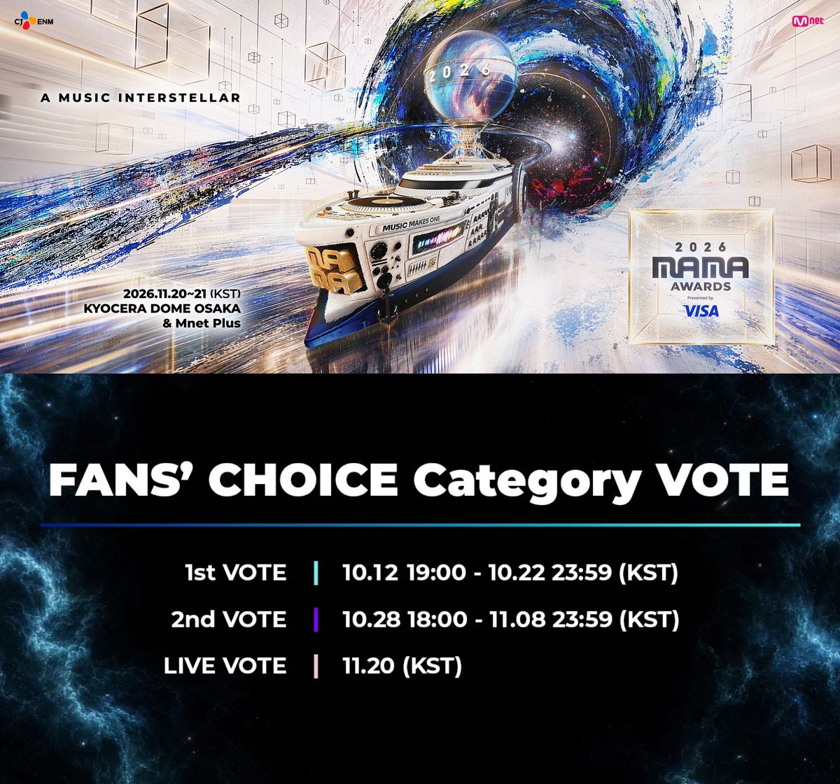 01Btsxarmy's tweet photo. 📢 | MAMA 2026 NOTICE

Voting for Mnet Asian Music Awards 2026 will start on October 12 (7pm KST).

⚠️Ready your Mnet Plus Accounts &amp; devices! #ARIASBTS

🔸1st Vote: Oct. 12 (7pm KST) -Oct. 22 (11:59pm KST)
🔸2nd Vote: Oct. 28 (8pm KST) -Nov. 8 (11:59pm KST)
🔸LIVE VOTE: Nov. 20 https://t.co/WYQIRNqFt7