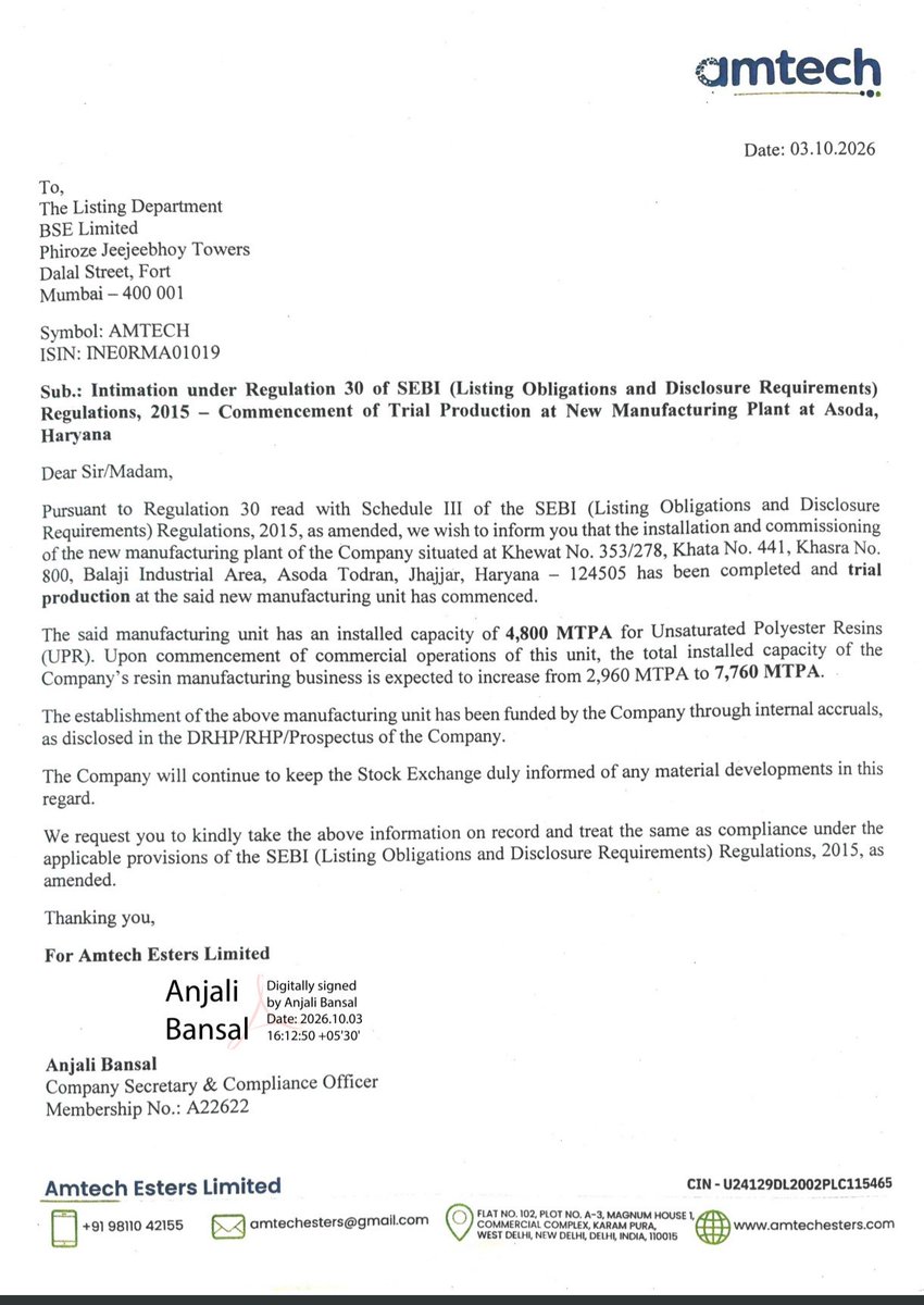 ManojSh52935210's tweet photo. 🚨 Amtech Esters — New Manufacturing Plant Update

Amtech Esters Ltd. has commenced trial production at its new manufacturing plant in Asoda, Haryana. 🏭

🔹 Installed capacity: 4,800 MTPA of Unsaturated Polyester Resins (UPR)
🔹 Total resin capacity to increase from 2,960 → 7,760 MTPA
🔹 Capacity addition: ~2.6×
🔹 Plant funded through internal accruals
🔹 Commercial operations expected to further strengthen the company’s manufacturing scale.

A meaningful capacity expansion that could support the company’s next phase of growth. 📈

#AmtechEsters #AMTECH #SME #SmallCap