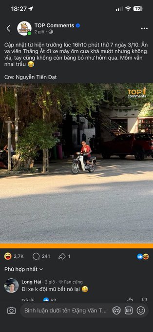 A Vietnamese Facebook post showing a video of a food delivery driver on a motorbike on a street, with the caption mentioning "Thắng Ất" and asking why they no longer make "bán bột nhúng."