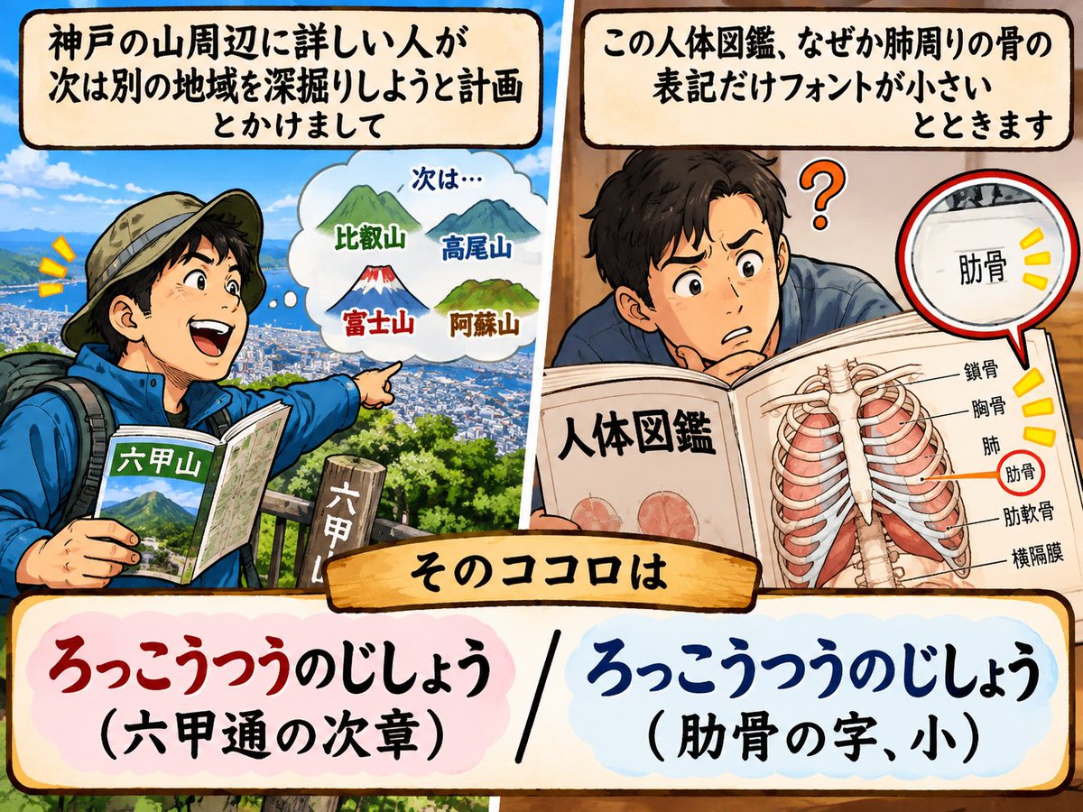 nazo_KAke002's tweet photo. なぞかけ#078[神戸]

神戸の山周辺に詳しい人が次は別の地域を深掘りしようと計画
とかけまして

この人体図鑑､なぜか肺周りの骨の表記だけフォントが小さい
とときます

そのココロは
ろっこうつうのじしょう
(六甲通の次章/肋骨の字､小) https://t.co/R94FUWoIcq