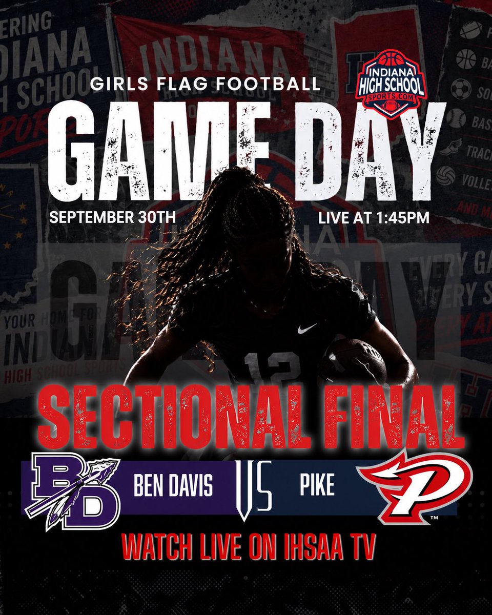 indhssports's tweet photo. Girls Flag Football - Ben Davis Sectional Final - Pike vs Ben Davis here at 1:45pm @GiantAthletics @PikeHSAthletics https://t.co/goXhEtUuuN #indianahighschoolgirlsflagfootball #indhssports driven by @hublernissan presented by @ColtsLife https://t.co/tpd2Dperbq