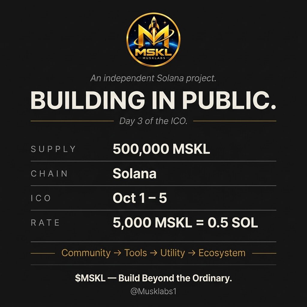 Musklabs1's tweet photo. Day 3 of the ICO. Weekend, and the lab doesn't close.
Most projects go silent on Saturdays. We don't have that option.
the ICO runs through Oct 5, and there are people who joined yesterday still figuring out if this is worth their time.
So here's the short version:
• 5,000 MSKL = 0.5 SOL
• Min 5,000 / Max 25,000 MSKL
• Solana · MSKL/SOL pair
• Listing locked for Oct 8 on DEX + Raydium
Tonight: Space Day 5 of 6. 8PM WAT.
$MSKL @Musklabs1