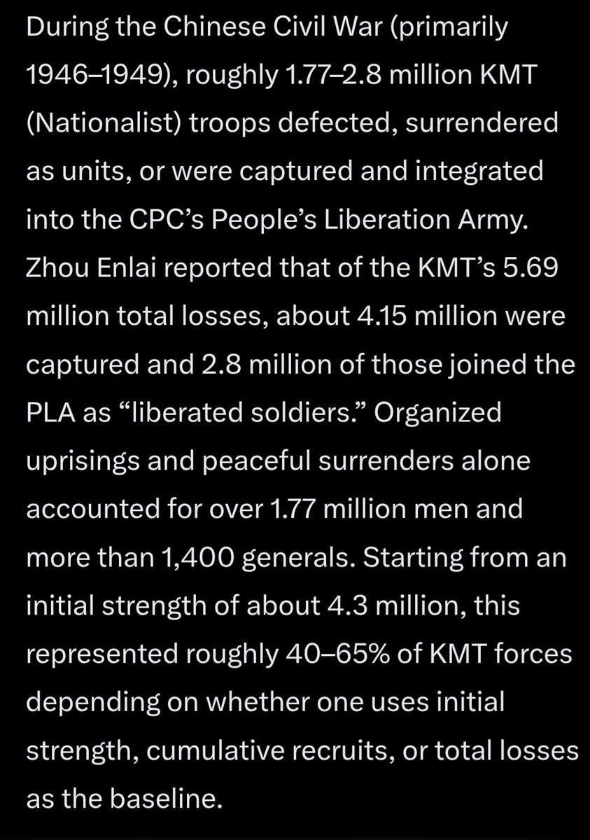 glowing_sr's tweet photo. @RazvenHK Pretty sure the reason CPC is in power is because the Chinese people chose the CPC. 

In fact so much of the KMT defected to the CPC that ex KMT soldiers made up 70% of PLA. https://t.co/v6YlHpsHLY