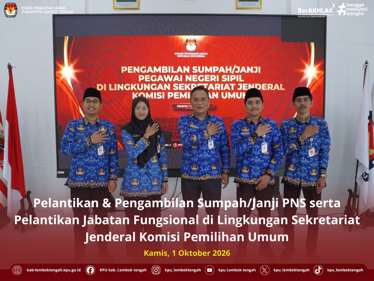 HumasKPULoteng's tweet photo. KPU Lombok Tengah Ikuti Pelantikan &amp; Pengambilan Sumpah/Janji PNS serta Pelantikan Jabatan Fungsional di Lingkungan Sekretariat Jenderal Komisi Pemilihan Umum

#TemanPemilih
Komisi Pemilihan Umum Kab Lombok Tengah menghadiri agenda Pengambilan Sumpah/Janji Pegawai Negeri Sipil https://t.co/9o464AVWMW