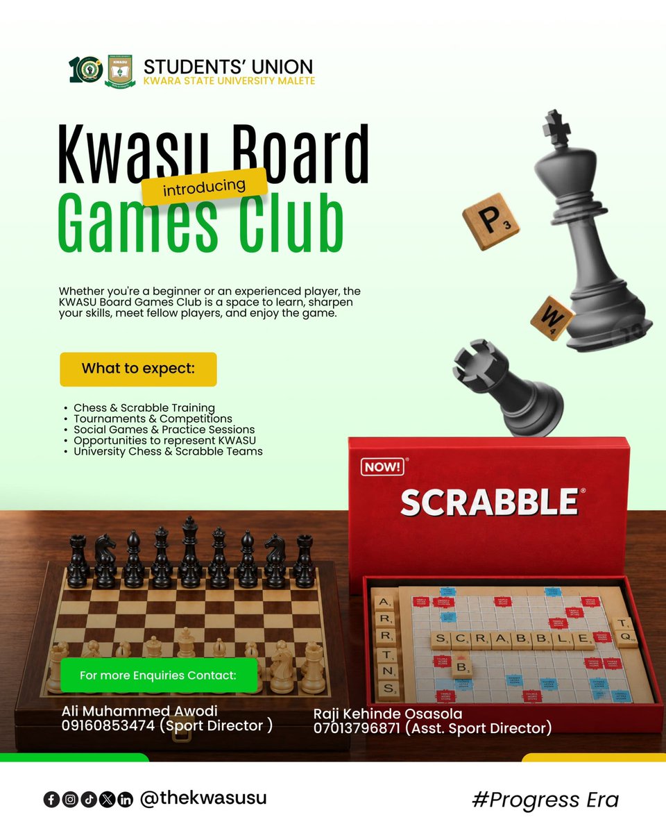 thekwasusu's tweet photo. LOOKING FOR A NEW HOBBY?

Come explore Chess and Scrabble, sharpen your skills, meet fellow students, and enjoy some friendly competition. 

Whether you’re a beginner or an experienced player, there’s a place for you. Find your game, connect with others, and join the community! 

🔗 https://t.co/XcKzFAN2lW

THE PROGRESS ERA
Keeping KWASUites Informed, Connected & Empowered.