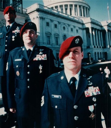 AFHF's tweet photo. (Staff Sergeant Jeffery Bray, MSgt Scott Fales, and TSgt Timothy Wilkinson stand near the Capitol in Washington, D.C., following their medal ceremony on January 31, 1994. USAF Image)
1993: AIR FORCE CROSS.  In response to Somali warlord Mohamed Farrah Aidid’s deadly attack on United Nations and US forces in 1993, a joint special operations task force was sent to Somalia to capture Aidid and his lieutenants. Task Force Ranger, composed of US Army, Navy, and Air Force Special Operations forces was formed.
On October 3, 1993, during a mission to capture two high value targets, Somali forces shot down an MH-60 Black Hawk helicopter, call sign Super-61. Receiving heavier than expected small arms fire and resistance, the mission quickly switched from extraction to rescue. Over the next fifteen hours, eighteen Americans were killed, eighty-four wounded, and two helicopters were destroyed, in what became the longest ground battle since the Vietnam War.
Enlisted Heroism   Eleven enlisted pararescuemen and combat controllers from the 24th Special Tactics Squadron were attached to Task Force Ranger. Serving in all areas of operation including command and control, search and rescue, and Humvee drivers. All eleven Airmen were decorated for heroism, including two of the highest military awards for valor.
Technical Sergeant Timothy Wilkinson, a pararescueman, was awarded the Air Force Cross for repeatedly exposing himself to intense small arms fire and grenade explosions from three directions. He provided lifesaving medical treatment to the wounded while extracting the casualties from Super-61. He became the first enlisted Airman to receive the award since 1975.
Pararescueman MSgt Scott Fales and combat controller SSgt Jeffrey Bray were both awarded the Silver Star for their heroism during the firefight. MSgt Fales, having been shot through the leg, assisted TSgt Wilkinson with treating the wounded, while SSgt Bray radioed for nonstop air strikes to stop the enemy from overrunning their position. One other pararescueman and seven combat controllers also received the Bronze Star, three with Valor. The superb abilities displayed by these enlisted men demonstrated their selflessness and the skill and talent needed to perform their duties under extreme circumstances.