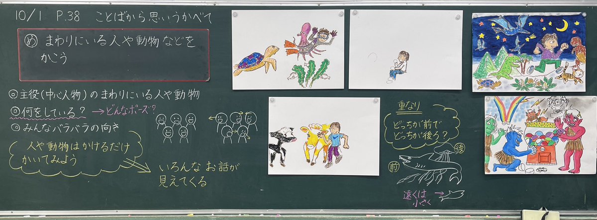 dquest777's tweet photo. ３年　図画工作
ことばから思いうかべて

読書感想画の学習に入りました。
①中心人物と自分
②周りにいる人（動物）
の順に下描きをしています。

※誰が何をしているか
※身体の向きを意識する
※できるだけ（必要なだけ）人物を描く
※重なりと大きさで遠近

を指導して後はお任せで描かせてます。 https://t.co/kQY1DC1dfh