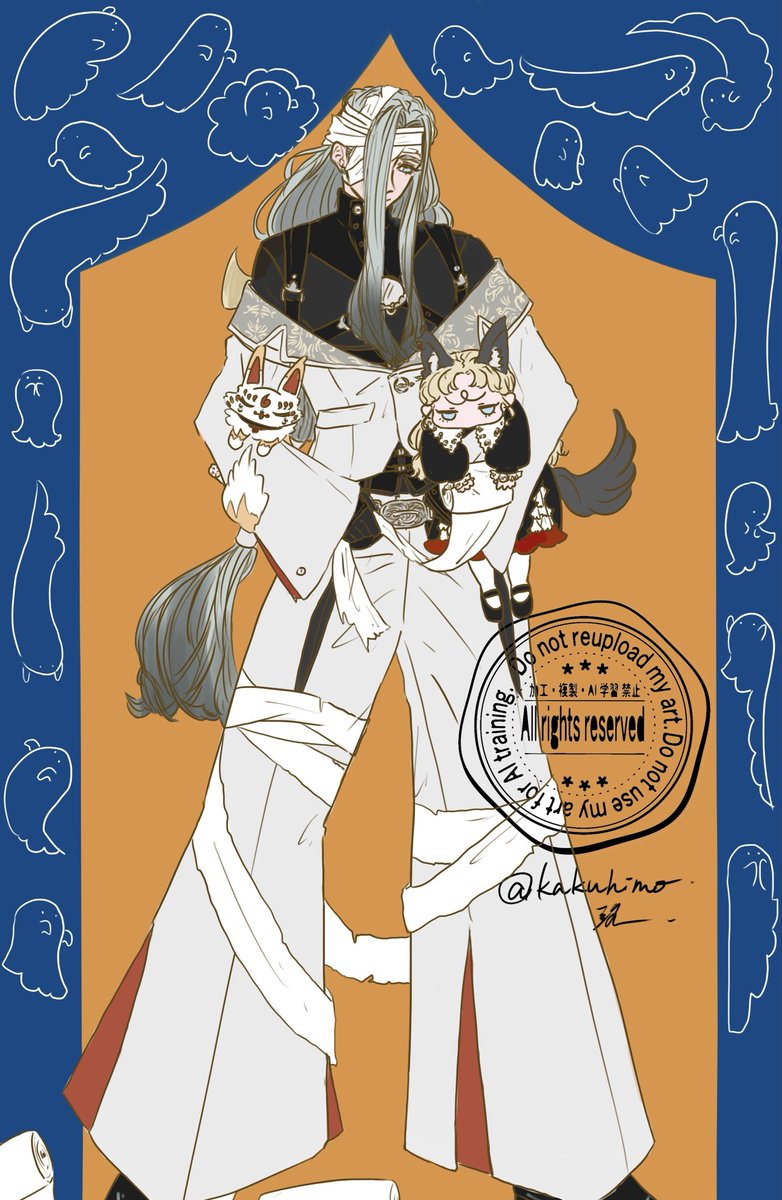 kakuhimo's tweet photo. 👻🧻🐺
⚠️創作審神者

今年もまあまあめちゃくちゃ。姫鶴さんは本丸中のトイレットペーパー全部強奪した愛しの悪戯っ子ちゃん捕まえてなんだか嬉しそう。
10月も何卒よろしくおねがいいたします🎃 https://t.co/DVbPza25TH