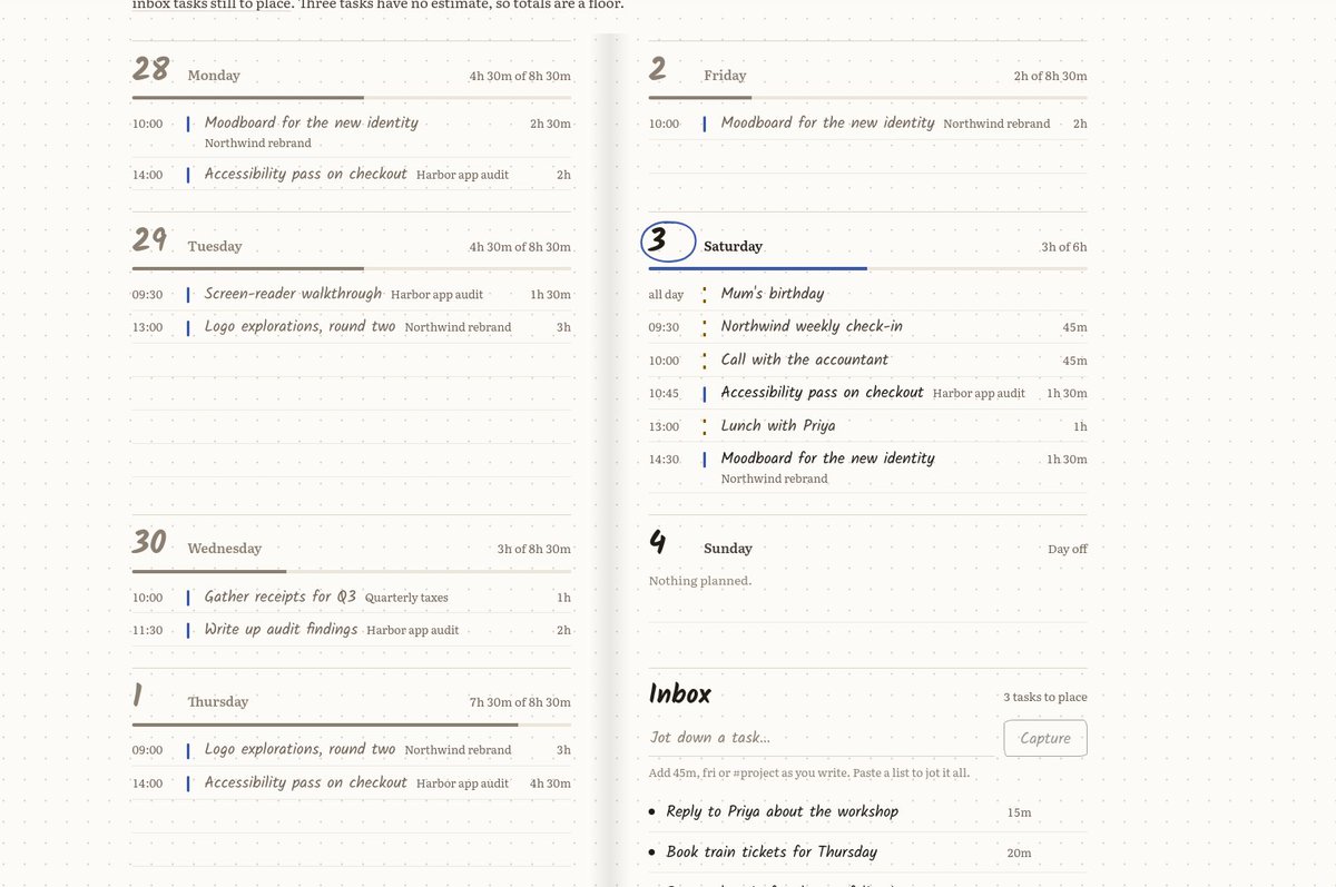 harshit10sehgal's tweet photo. just me, sitting with claude, and making an efficient daily planner and briefer for myself, this is what i got as a prototype design with just one single vague prompt, I just told it, what features and i need and let it design the complete ui/ux in the way it likes, in pen and the paper style and this what i got