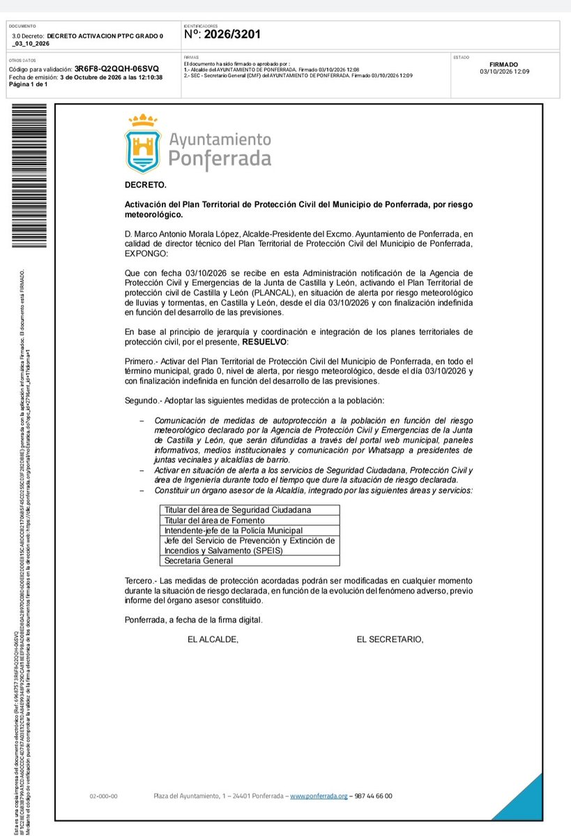 AytoPonferrada's tweet photo. ⚠️Ante la alerta decretada por la Agencia de Protección Civil y Emergencias de la @jcyl, por riesgo de lluvias y tormentas, el Ayuntamiento de #Ponferrada activa su Plan Territorial de Protección Civil del Municipio.
☎️ Teléfonos de emergencia: 112 y 092
https://t.co/iAb19u1PsY https://t.co/wJFiaBudnb
