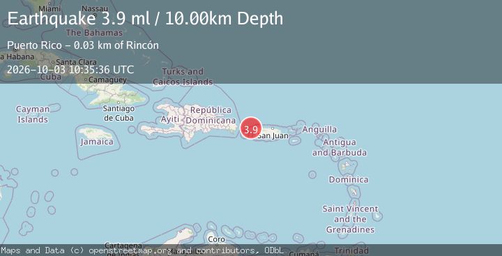 VolcanoEWS's tweet photo. #Earthquake (#terremoto) (#PuertoRico)
🌍 New Earthquake 🌍
📍 Location: MONA PASSAGE, PUERTO RICO
📏 Magnitude (ml): 3.9
🔽 Depth: 10.00 km
⏰ Time: 2026-10-03 10:35:36 UTC
🔗 Source: NEIC
https://t.co/MSQltT1ktk https://t.co/LBePc3f51B