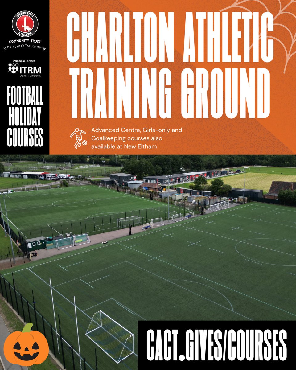 CAFCTrust's tweet photo. ⚽️ Four venues. High-quality facilities. Plenty of opportunities to develop your football this October half-term!

Our Football Holiday Courses are coming to @Royal_Greenwich, @LBofBexley and @Kent_cc, with sessions running from October 26th to October 30th 🎃

Book here ➡️ https://t.co/nCl2cnJUvy

#cafc | @FSD_CACT