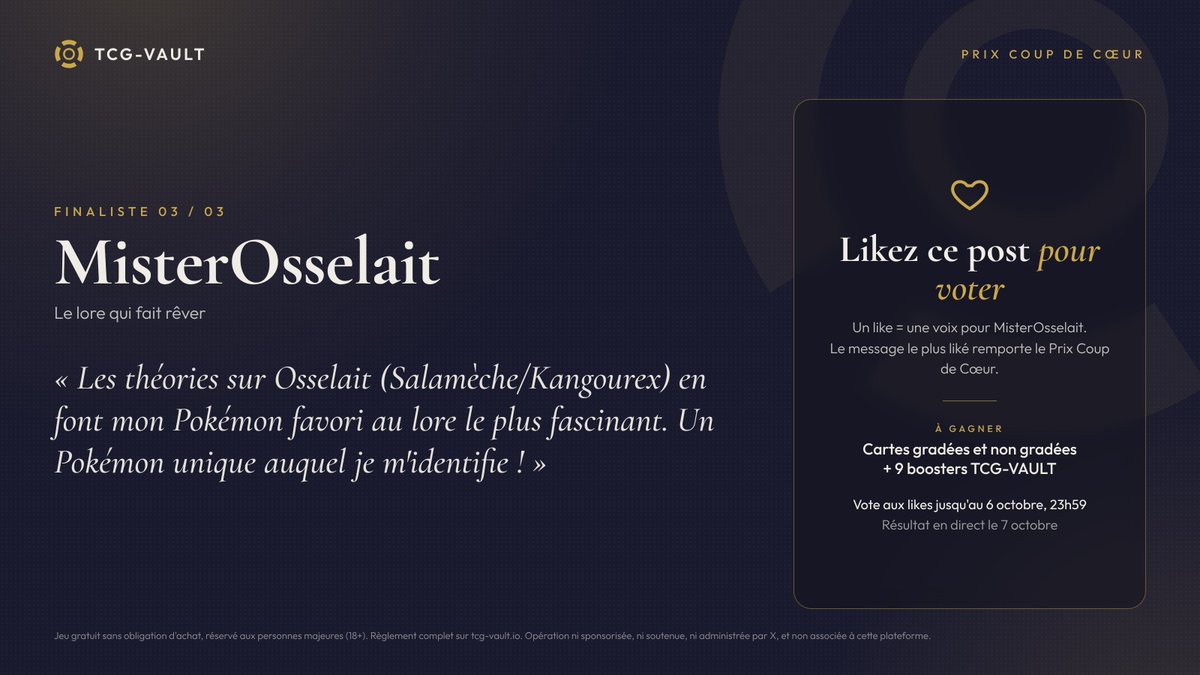 tcgvaultio's tweet photo. Finaliste 03 : @Mister_Osselait

« Les théories sur Osselait (Salamèche/Kangourex) en font mon Pokémon favori au lore le plus fascinant. Un Pokémon unique auquel je m'identifie ! »

Likez ce post pour voter pour MisterOsselait. https://t.co/piQjLaTLn0