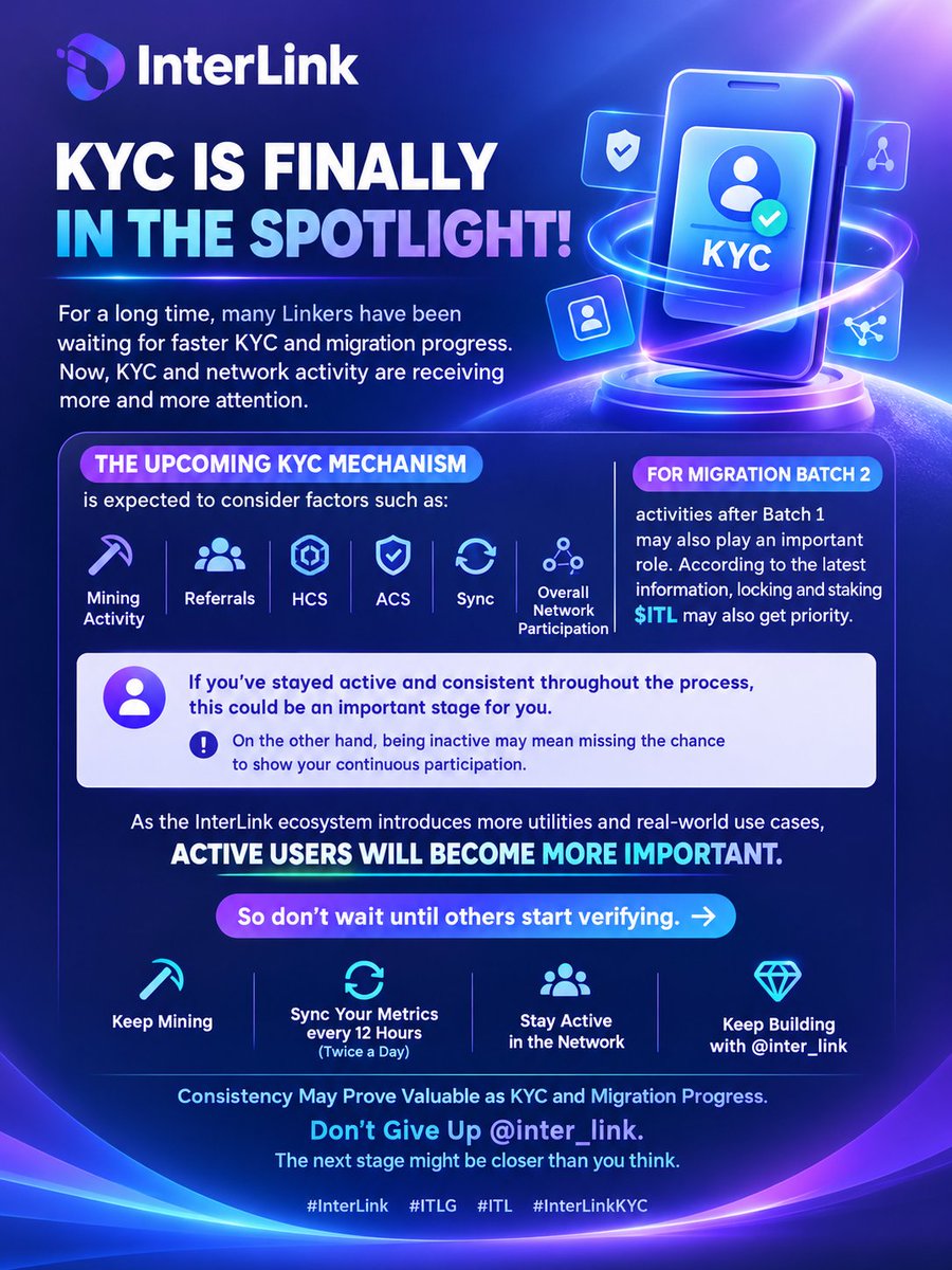 fuyun28583606's tweet photo. π InterLink KYC & Migration 2 are coming! Active mining, daily 12h syncs, and $ITL staking boost your priority. Stay consistentβdon't miss out!
#InterLink #ITLG #ITL #InterLinkKYC https://t.co/cY2W41QNKE