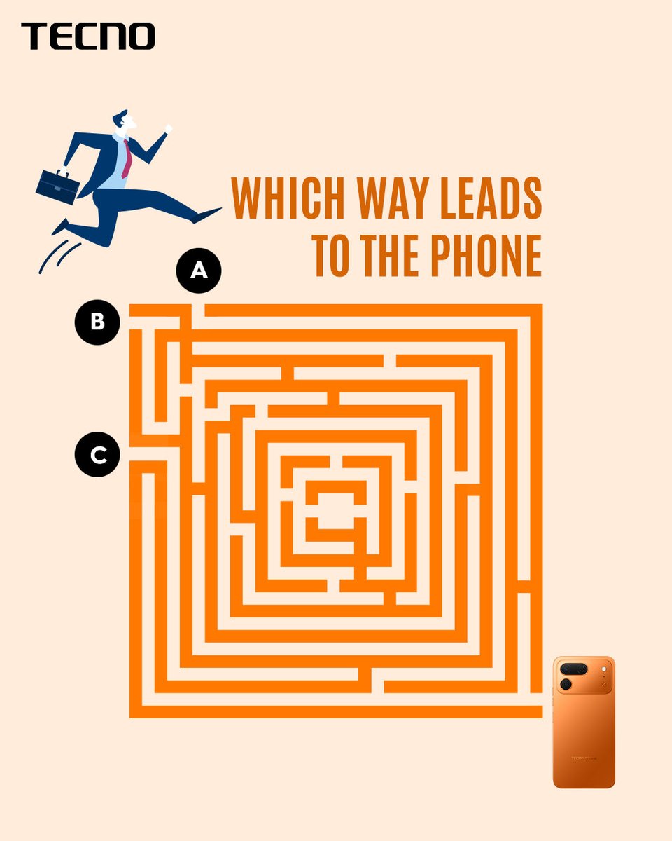 TECNOMobileNG's tweet photo. ONE PATH. ONE PHONE. CAN YOU FIND IT? 

It’s giveaway time. 

Find which path leads to the phone, and you could be one of the 5 lucky winners to take home an exclusive TECNO branded gift. 

#PowerWithoutTheWait #TECNOSPARK50Pro #NaijaSPARK50Pro #TECNOAI https://t.co/vDlOL1i57y