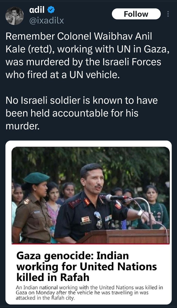 Cyborg_Fyz's tweet photo. @iamsrk Why weren't big Bollywood celebrities asked to tweet about Col. Vaibhav Anil Kale when he died serving with the UN in Gaza? Why didn't the PM post a single tweet for him? Why didn't his death receive the same major attention? Why wasn't the media talking about it 24×7? https://t.co/Wi6yJXDqKh