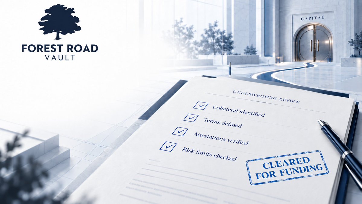 forestroadvault's tweet photo. Capital moving on-chain should be the last step, not the first.

Before a Forest Road Vault facility can be funded, the asset has to pass through underwriting, required attestations, and the protocol’s on-chain constraints.

The collateral is identified.
The terms are defined.
Required facts are attested.
The facility has to fit its risk limits.

Only then can capital move.

Putting credit on-chain doesn’t replace underwriting.

It makes the result of that underwriting more visible and enforceable.