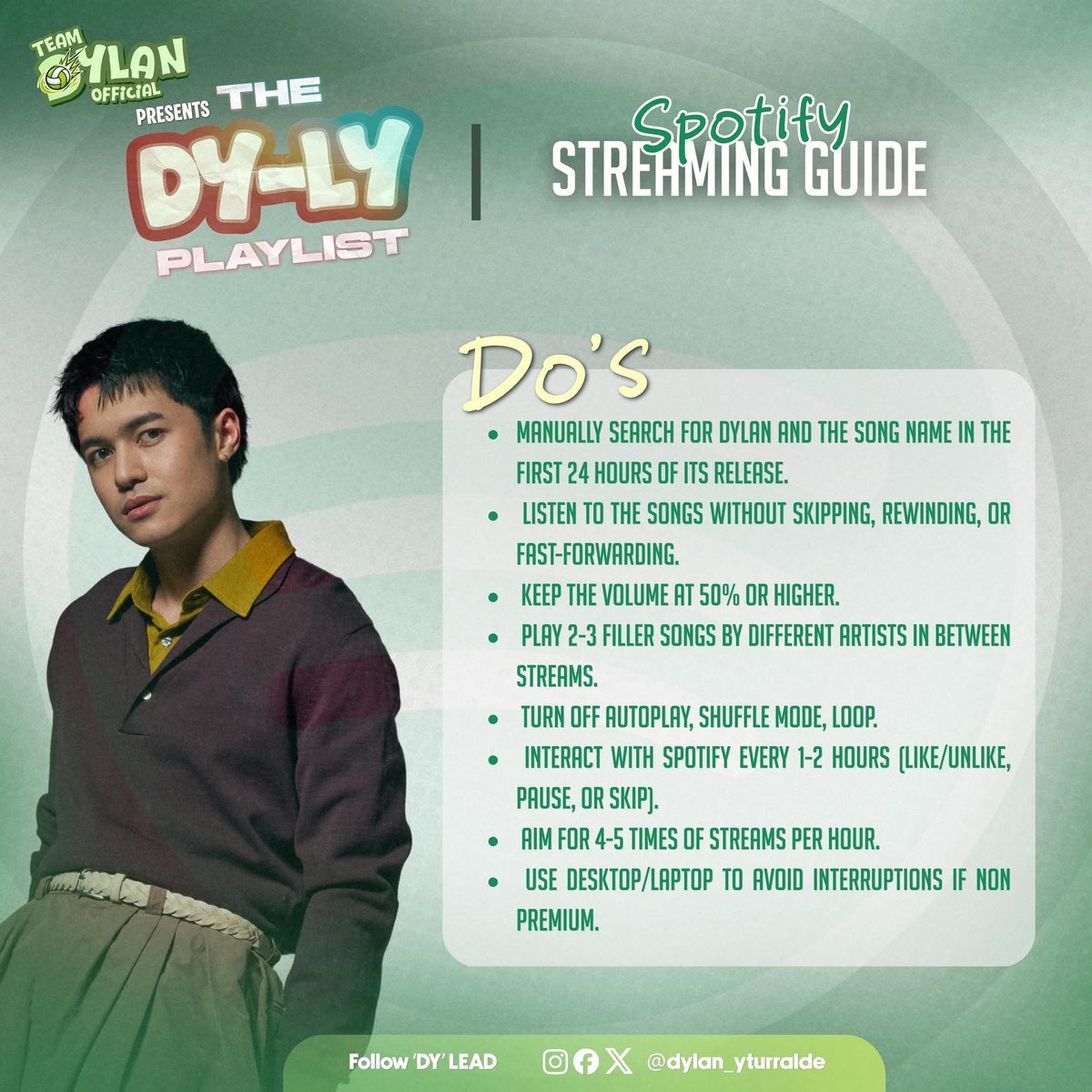 dylan_spikers's tweet photo. Check out THE DY-LY PLAYLIST: Spotify Streaming Guide to help boost our streams correctly on Spotify!

📌 Featured Tracks for Today:  
1. Halata Naman  
2. Dito Ka Lang

🔗 Follow 'DY' LEAD: @dylan_yturralde @StarPopPH 
#DYLAN #TeamDylan #TheDYLYPlaylist #SpotifyStreamingGuide https://t.co/3zkrJqFaZ7