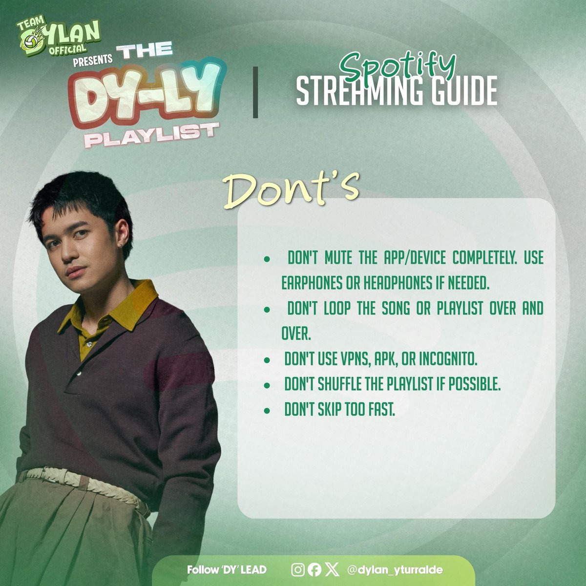 dylan_spikers's tweet photo. Check out THE DY-LY PLAYLIST: Spotify Streaming Guide to help boost our streams correctly on Spotify!

📌 Featured Tracks for Today:  
1. Halata Naman  
2. Dito Ka Lang

🔗 Follow 'DY' LEAD: @dylan_yturralde @StarPopPH 
#DYLAN #TeamDylan #TheDYLYPlaylist #SpotifyStreamingGuide https://t.co/3zkrJqFaZ7