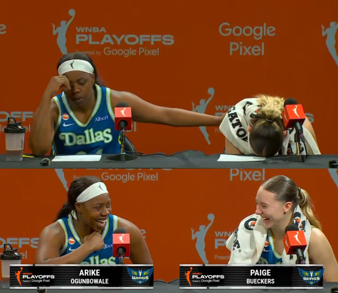 Ballislife's tweet photo. Arike on Paige Bueckers:
"Generational player. She willed us throughout the whole season. Should be first team WNBA. If not, I feel like that sh** is rigged. She's done everything for this team.

Arike on Paige Bueckers: 
"She has meant the world to me. Just in terms of her being able to sacrifice. Accepting me with open arms and taking me under her wing. Dallas has been her city for...how old are you? 10 years? She's held it down for the ups and downs of Dallas basketball. She's been consistent and a great leader for us. And just her being able to sacrifice who she is as a basketball player to help me find who I am and be comfortable. We feed off of each other. She's someone I ride for on and off the court. 

I love Arike. She means the world to me. Obviously, you have seen in the playoffs that we wouldn't be where we are without her. I'm forever indebted to her and grateful for our relationship."
