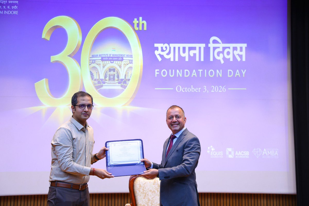 IIM_I's tweet photo. #30thFoundationDay | Congratulations to Prof. Udayan Sharma, recipient of the Best Teacher Award 2026.

A celebration of his contribution to teaching and meaningful learning experiences at IIM Indore.

#IIMIndore #IIMI #FoundationDay #30YearsOfExcellence https://t.co/sij7hRBKM0