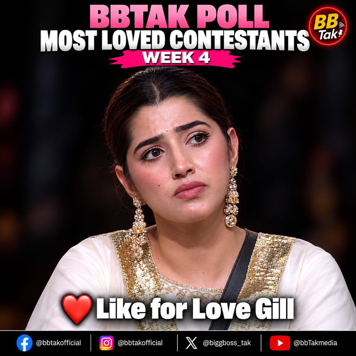 BiggBoss_Tak's tweet photo. 🚨 Biggest & Most Authentic #BBTak Poll - #BB20 Week-4🚨

❤️ Like this post if you're supporting #LoveGill in #BiggBoss20 

🗳️ Poll ends tomorrow (Sunday) at 8:00 PM.

📌 Note: #BBTak Poll results are based on the total number of likes received on contestants' posts across our Instagram, X (Twitter) & Facebook pages.

Poll also active on Facebook and Instagram