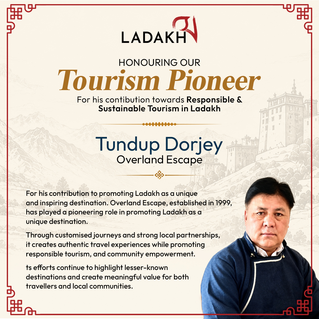 utladakhtourism's tweet photo. Ladakh Tourism proudly honours Tundup Dorjey @DTundup founder of Overland Escape @overlandescape for his contribution to promoting Ladakh as a unique and inspiring destination.

Established in 1999, Overland Escape has played a pioneering role in connecting travellers with Ladakh’s landscapes, culture and communities through customised and authentic travel experiences.

With a focus on responsible tourism, sustainable practices, local partnerships and community empowerment, Tundup Dorjey’s journey reflects the spirit of tourism that creates lasting value for both visitors and the people of Ladakh.

Celebrating those who have contributed to shaping Ladakh’s tourism journey and sharing its story with the world.

@lg_ladakh @ashishkundra 

#LadakhTourism #TourismPioneer #TundupDorjey #OverlandEscape #ResponsibleTourism #SustainableTourism #Ladakh #IncredibleLadakh #CommunityBasedTourism #ExploreLadakh #TourismInLadakh