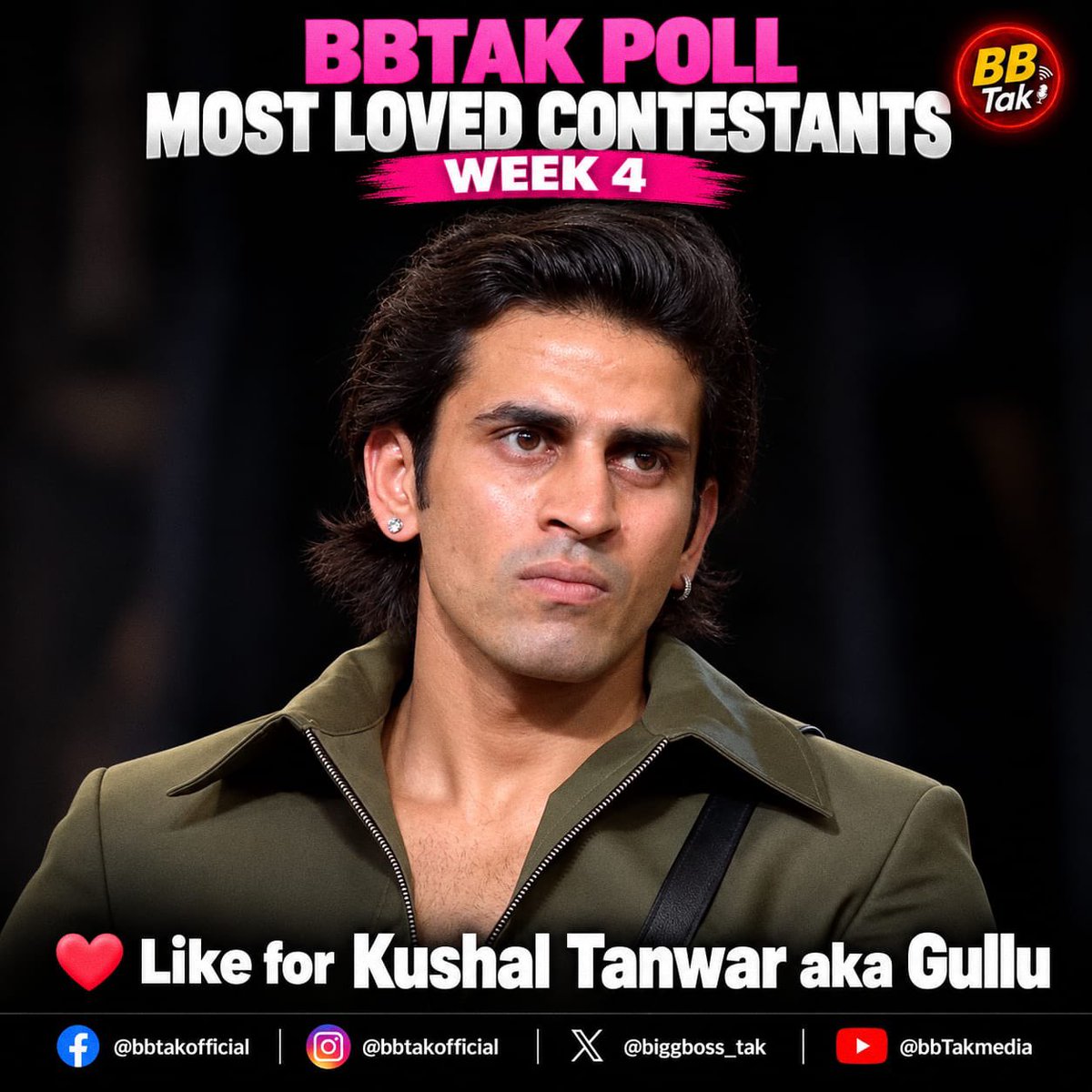 BiggBoss_Tak's tweet photo. 🚨 Biggest & Most Authentic #BBTak Poll - #BB20 Week-4🚨

❤️ Like this post if you're supporting #Gullu aka #KushalTanwar in #BiggBoss20 

🗳️ Poll ends tomorrow (Sunday) at 8:00 PM.

📌 Note: #BBTak Poll results are based on the total number of likes received on contestants' posts across our Instagram, X (Twitter) & Facebook pages.

Poll also active on Facebook and Instagram