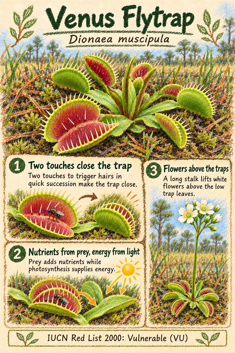 Ryukkeai's tweet photo. One touch leaves the trap open. Two quick touches make it snap shut.
Venus Flytrap
Dionaea muscipula

IUCN Red List 2000: Vulnerable (VU)

#VenusFlytrap https://t.co/XY8ICOI1LT