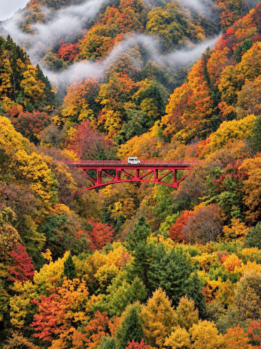 smmoshiur02's tweet photo. 日本の秋山に囲まれた赤い橋を渡る、静かで穏やかな旅。🍁🌫️

#日本の秋 #日本の自然 #山の風景 #紅葉 #日本旅行 https://t.co/lf0N5vPB9b
