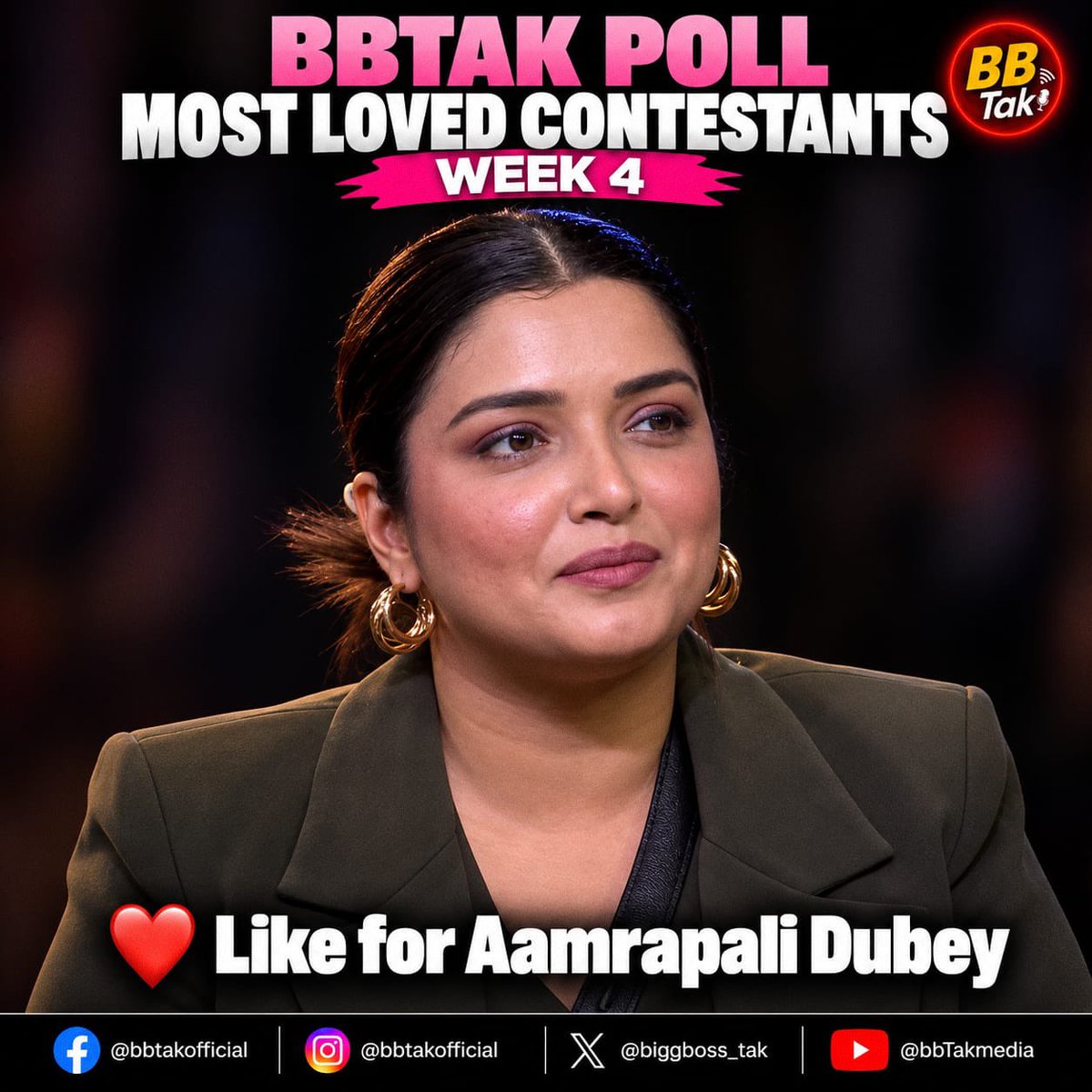 BiggBoss_Tak's tweet photo. 🚨 Biggest & Most Authentic #BBTak Poll - #BB20 Week-4🚨

❤️ Like this post if you're supporting #AamrapaliDubey in #BiggBoss20 

🗳️ Poll ends tomorrow (Sunday) at 8:00 PM.

📌 Note: #BBTak Poll results are based on the total number of likes received on contestants' posts across our Instagram, X (Twitter) & Facebook pages.

Poll also active on Facebook and Instagram