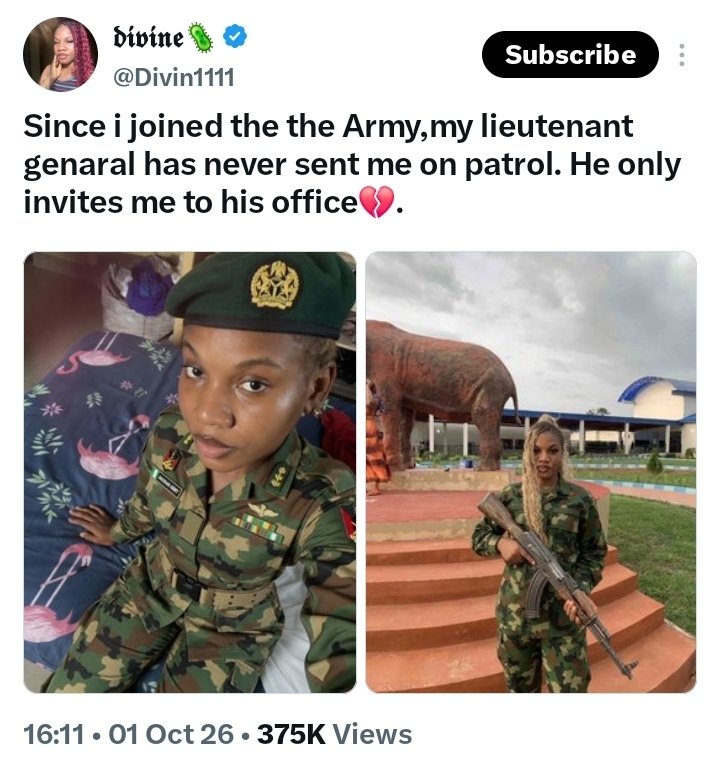 BIGVHEJOE's tweet photo. JUST IN: Banger Girl Divine, who claimed a lieutenant invited her to his office while others went on patrol, has changed her profile picture. https://t.co/k3iHIcGYJR