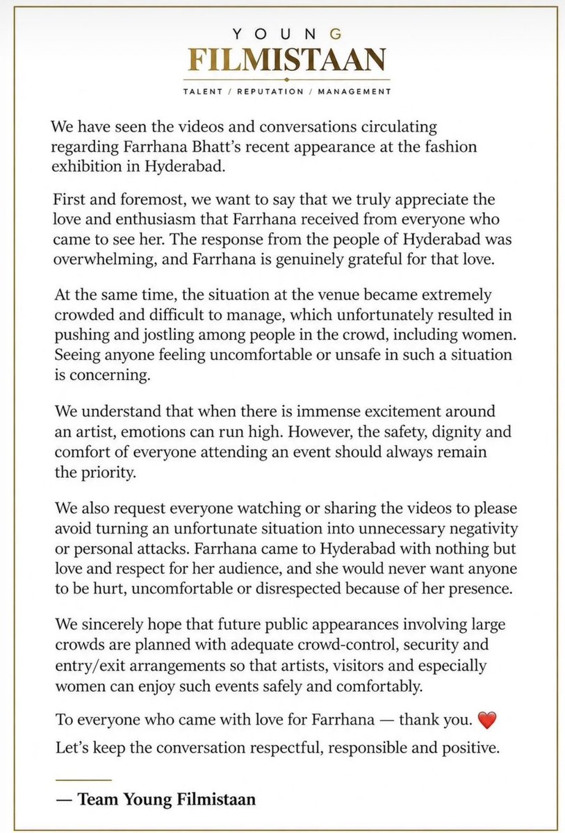 FarhanaBhattOFC's tweet photo. Farrhana has always cared about the safety and comfort of everyone around her, and that says so much about the person she is.
Let’s hold on to the love, the beautiful memories and the incredible energy that Hyderabad gave 🫶🏻
#FarrhanaBhatt #FarrhanaRebellions https://t.co/dDf5ofF9Nu