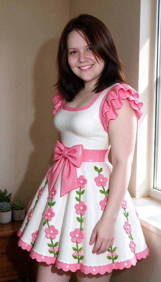 Lizzy1262629's tweet photo. Me by the window. White PVC dress with pink ruffle sleeves, big bow, flower vines down the skirt, scalloped hem.
#WhitePVC #PinkBow #FlowerVines #RuffleSleeves #WindowLight #FetishFashion #NSFW #ScallopedHem https://t.co/BGNg8beN8x