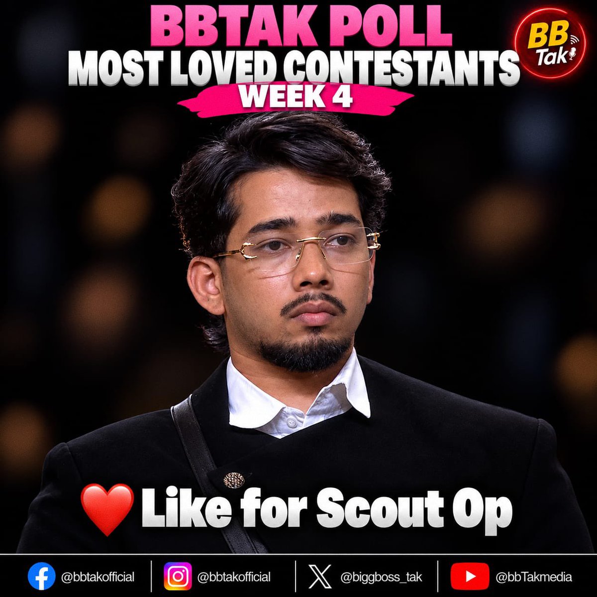 BiggBoss_Tak's tweet photo. 🚨 Biggest & Most Authentic #BBTak Poll - #BB20 Week-4🚨

❤️ Like this post if you're supporting #ScoutOP in #BiggBoss20 

🗳️ Poll ends tomorrow (Sunday) at 8:00 PM.

📌 Note: #BBTak Poll results are based on the total number of likes received on contestants' posts across our Instagram, X (Twitter) & Facebook pages.

Poll also active on Facebook and Instagram
