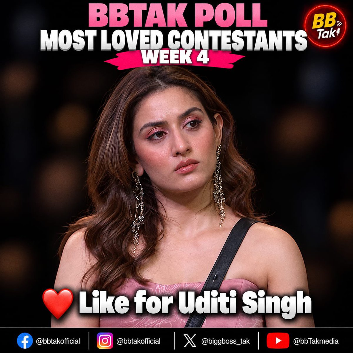 BiggBoss_Tak's tweet photo. 🚨 Biggest & Most Authentic #BBTak Poll - #BB20 Week-4🚨

❤️ Like this post if you're supporting #UditiSingh in #BiggBoss20 

🗳️ Poll ends tomorrow (Sunday) at 8:00 PM.

📌 Note: #BBTak Poll results are based on the total number of likes received on contestants' posts across our Instagram, X (Twitter) & Facebook pages.

Poll also active on Facebook and Instagram