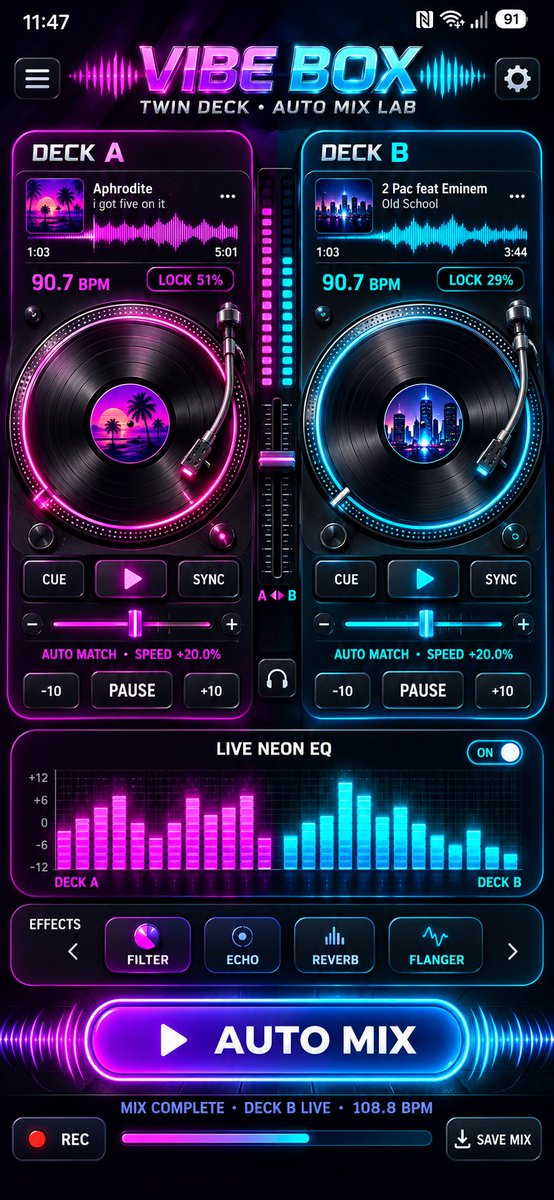 ELEV_LTD's tweet photo. It's coming soon but will need beta testers.
VibeBox the badboy app where you become the DJ. No ads, no hidden costs. Mix and Vibe https://t.co/qD3L2x7of4